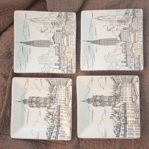 222 Fifth City Scenes Black & White Appetizer Plates 5-1/2” Set of 4.